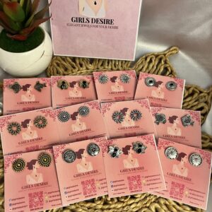 The stud earring shown is a round, oxidized metal piece featuring a dual-tone design. It has a circular shape with a central golden bead or stone, surrounded by intricate patterns and textures. Design & Details Style: It is an ethnic-inspired or tribal-style stud earring, often described as Rajasthani or Afghani. Pattern: The earring features multiple concentric circles. The outer edge is bordered by small, raised metallic beads, followed by a middle ring with radiating line details. Finish: The base has an oxidized black finish, which provides a high-contrast background for the golden or silver-toned detailing. Closure: These types of stud earrings typically use a push-back closure for a secure fit.